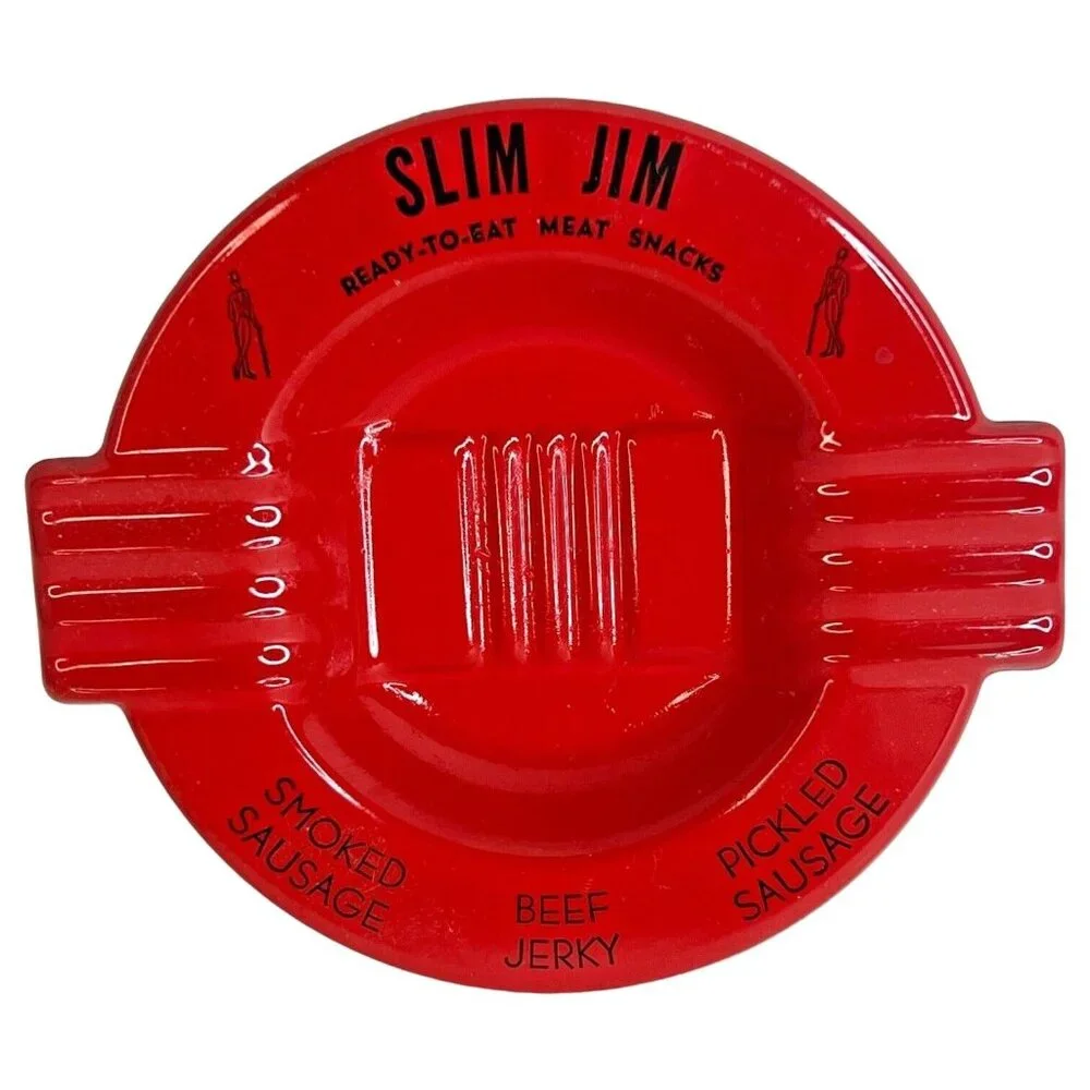 Vintage Slim Jim Advertising Ashtray Red Orange Metal Beef Jerky Meat Snacks